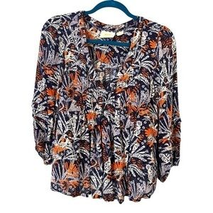 ANTHROPOLOGIE MAEVE M Cathy Pleated V-Neck Boho Blouse LOOSE FIT